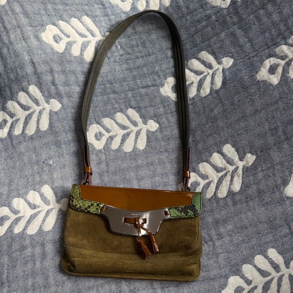 Prada Handbags - Olive Green Suede Prada Python Shoulder Bag